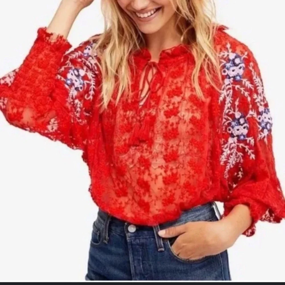 Free People red jubilee floral embroidered sheer peasant top size small - Picture 1 of 12